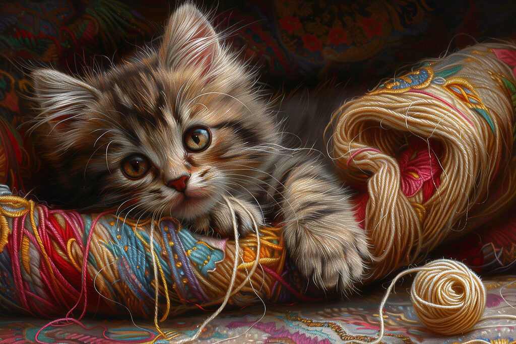 Chaton parmi les pelotes — motif complet