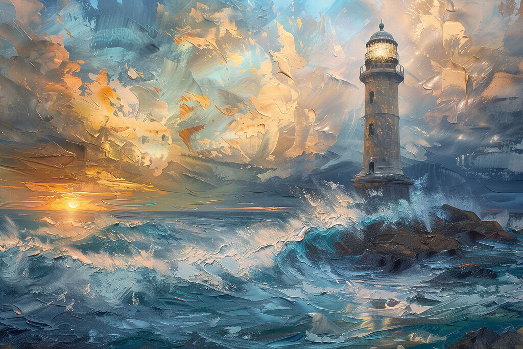 Phare et vagues colorées — motif complet