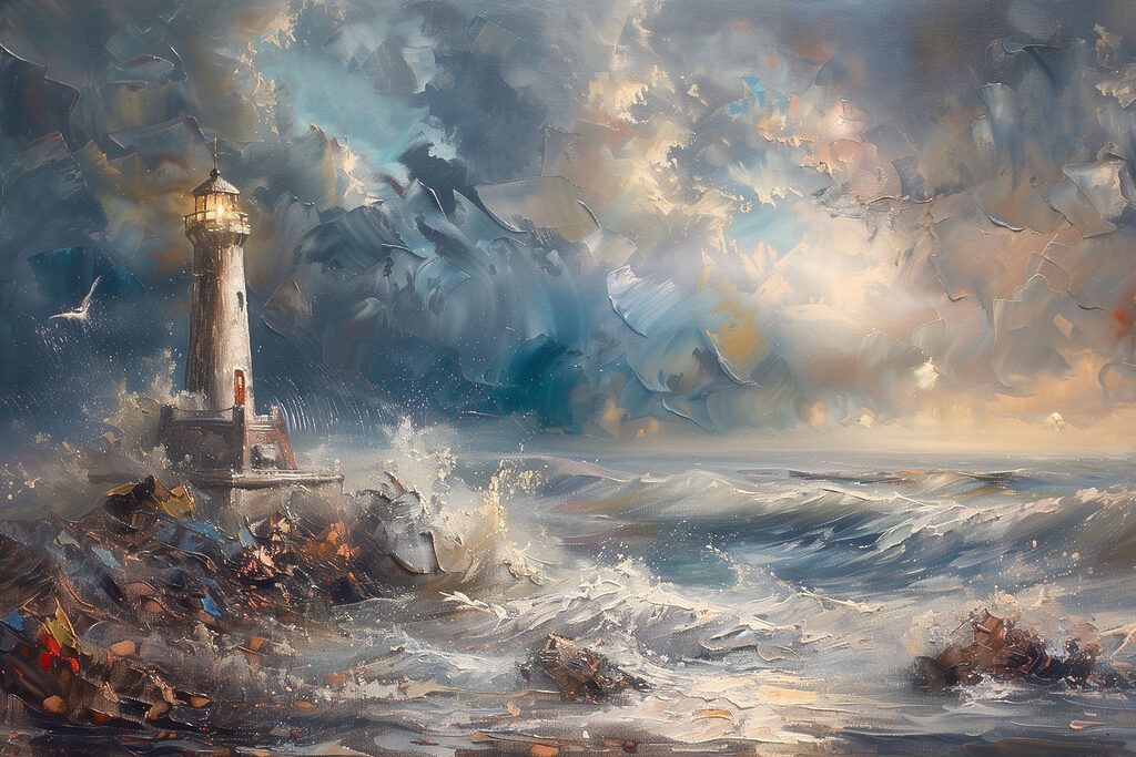 Phare face aux vagues — motif complet