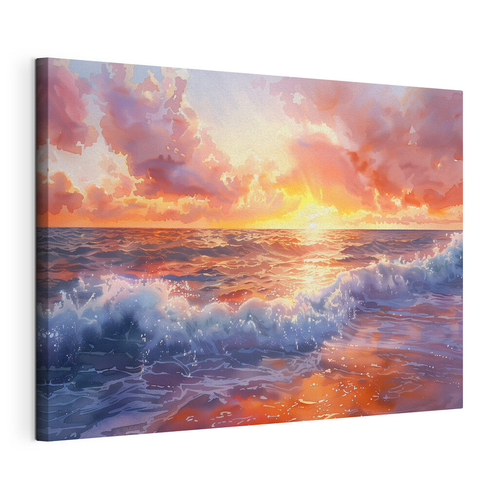 Soleil couchant sur l’océan, toile tendue et bord enveloppé