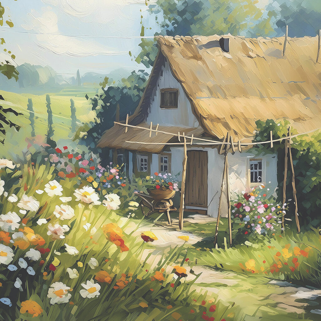 Chaumière parmi les marguerites — motif complet
