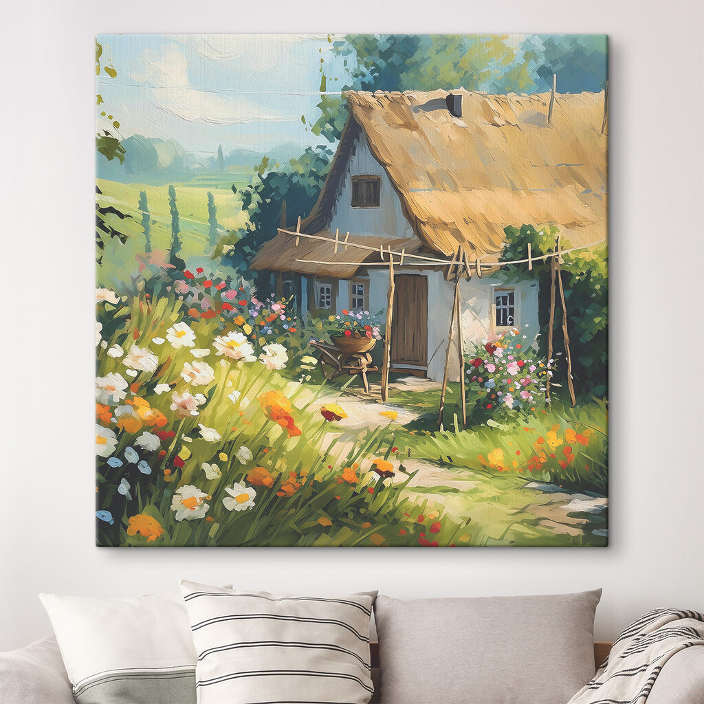 Chaumière parmi les marguerites dans un intérieur