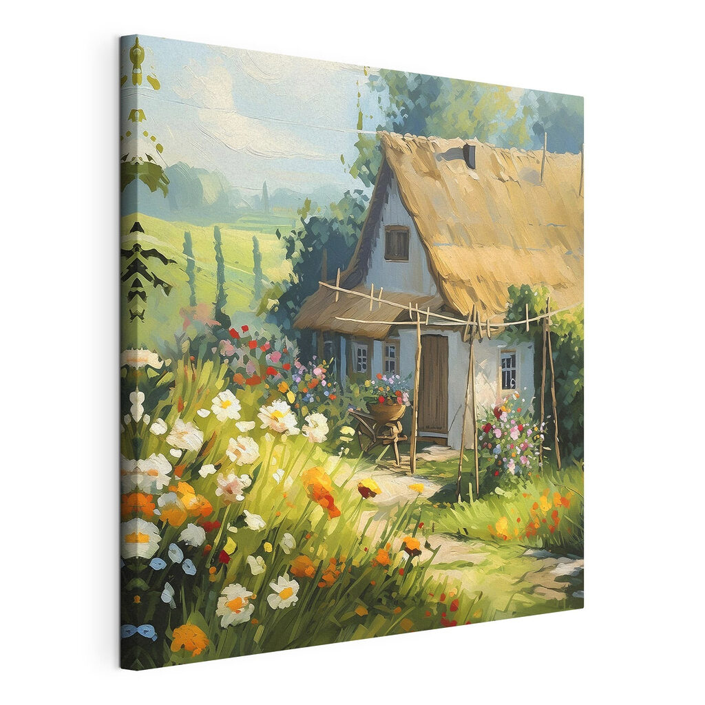 Chaumière parmi les marguerites, toile tendue et bord enveloppé
