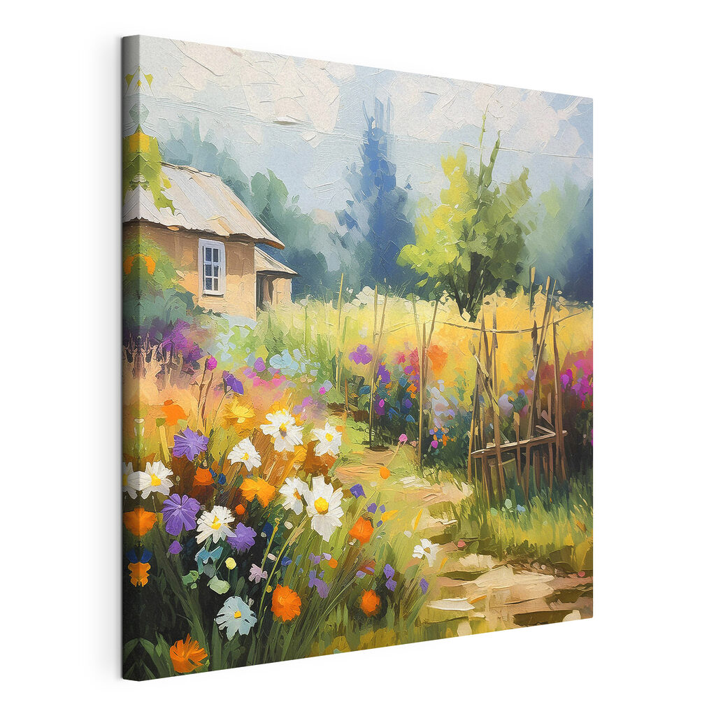 Maison sous les arbres, toile tendue et bord enveloppé