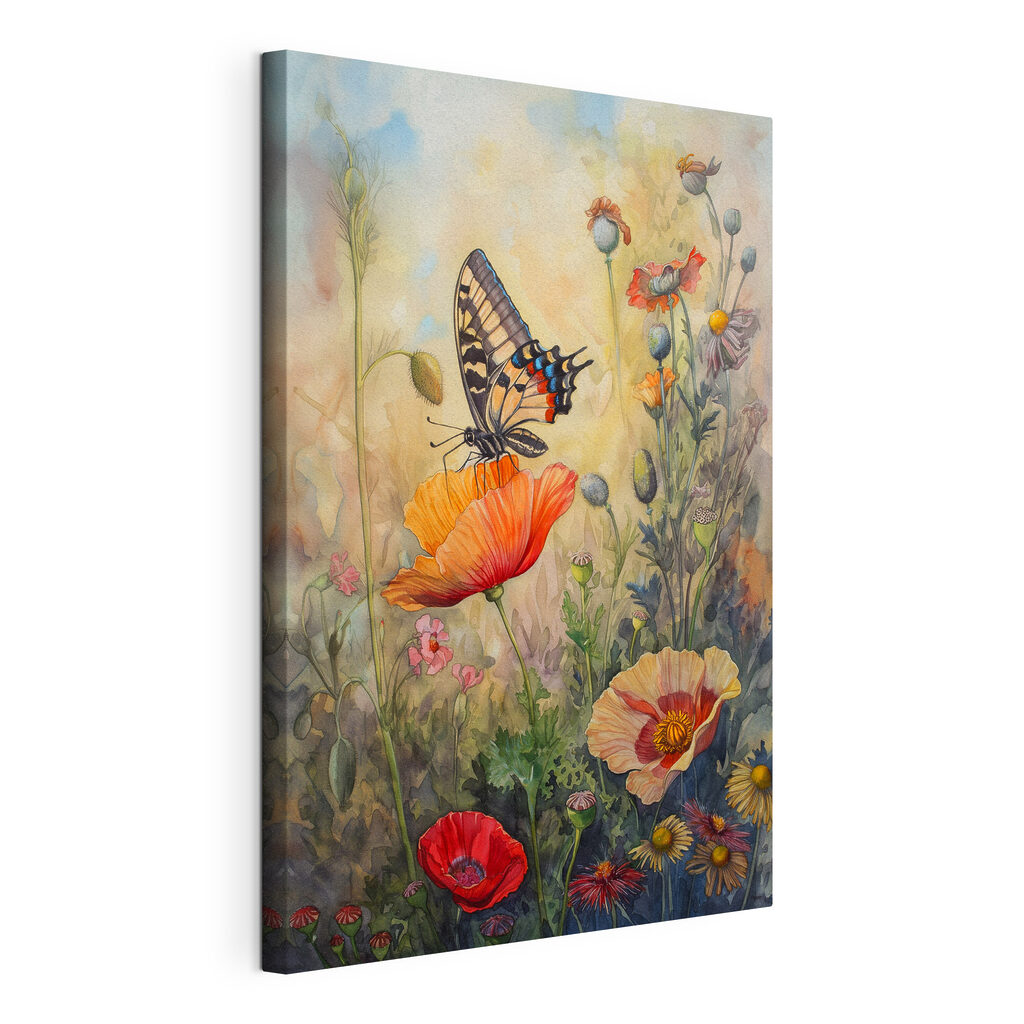 Papillon dans les herbes, toile tendue et bord enveloppé