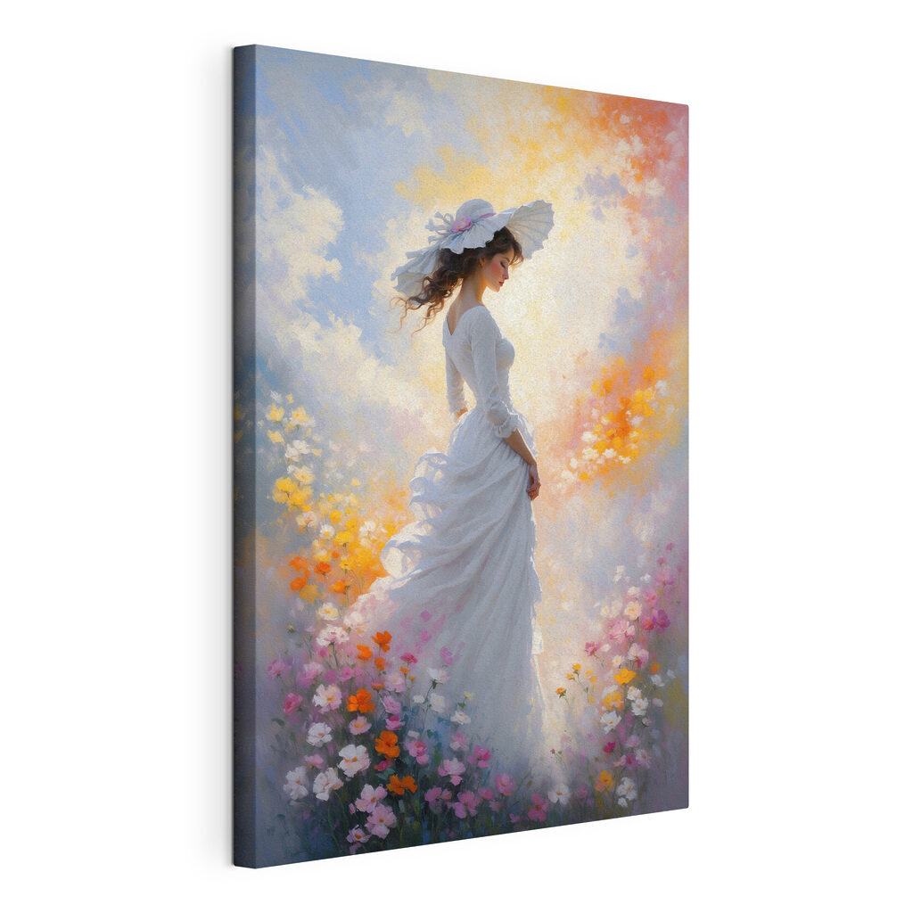 Femme en robe blanche, toile tendue et bord enveloppé
