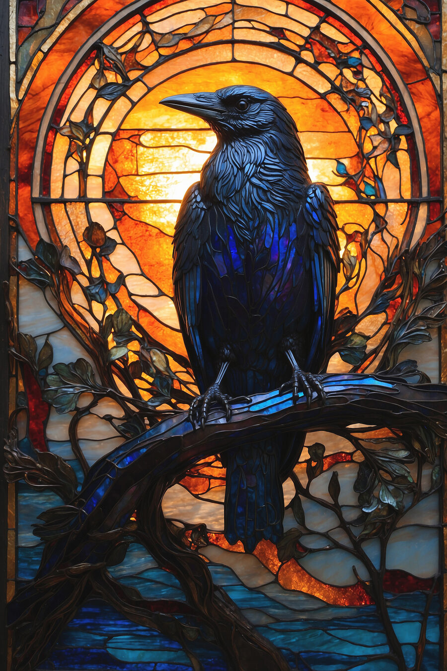 Corbeau façon vitrail — motif complet