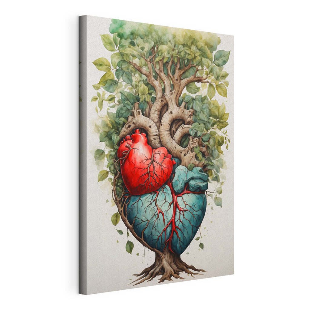 Arbre né du cœur, toile tendue et bord enveloppé