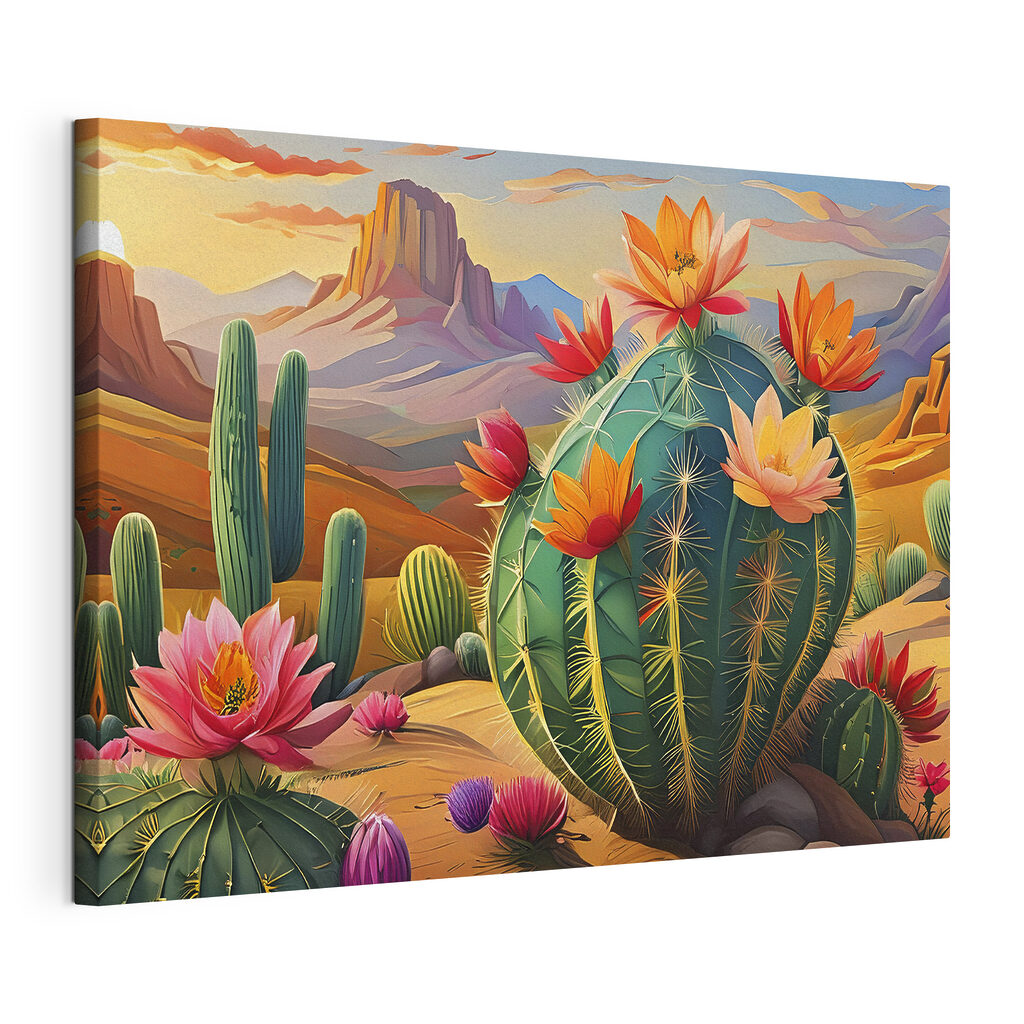 Cactus fleuris du désert, toile tendue et bord enveloppé