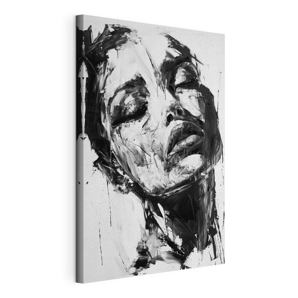 Visage à l’encre, toile tendue et bord enveloppé