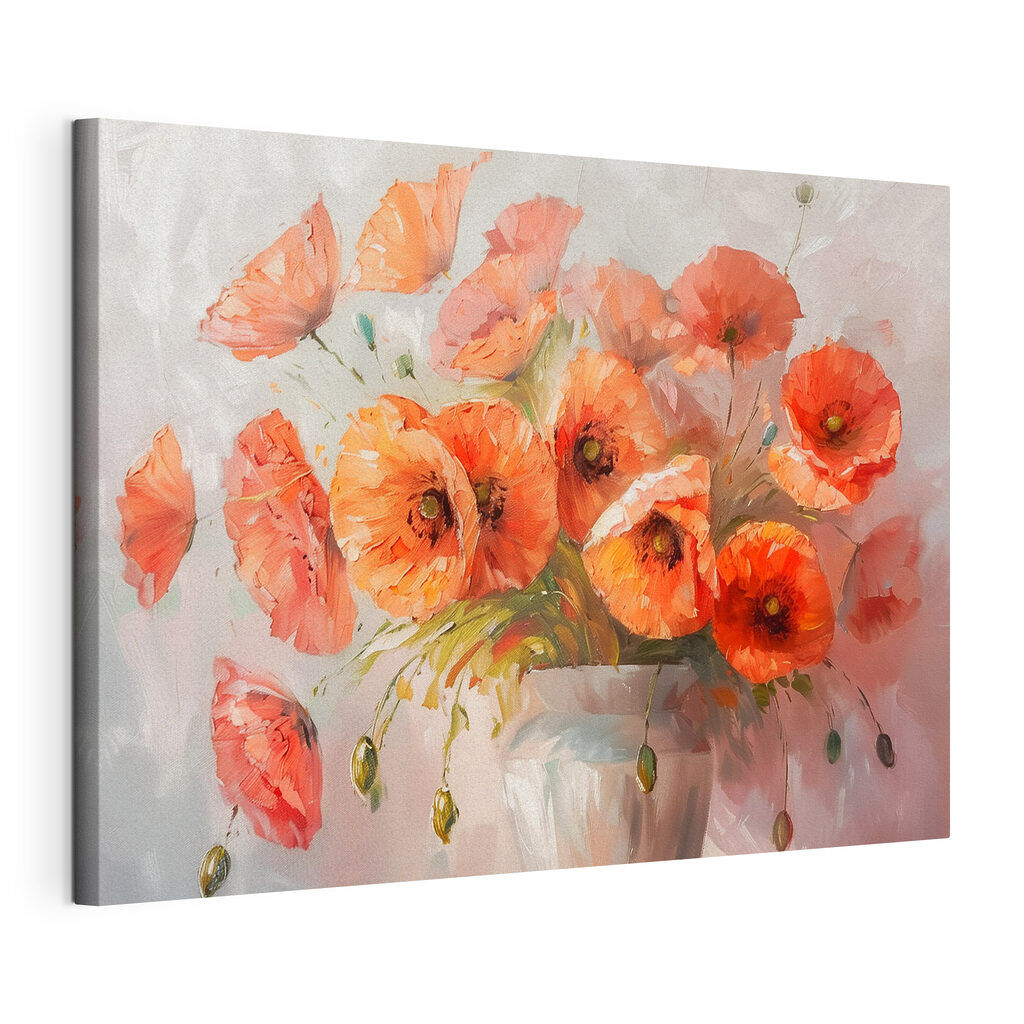 Coquelicots sur tiges fines, toile tendue et bord enveloppé
