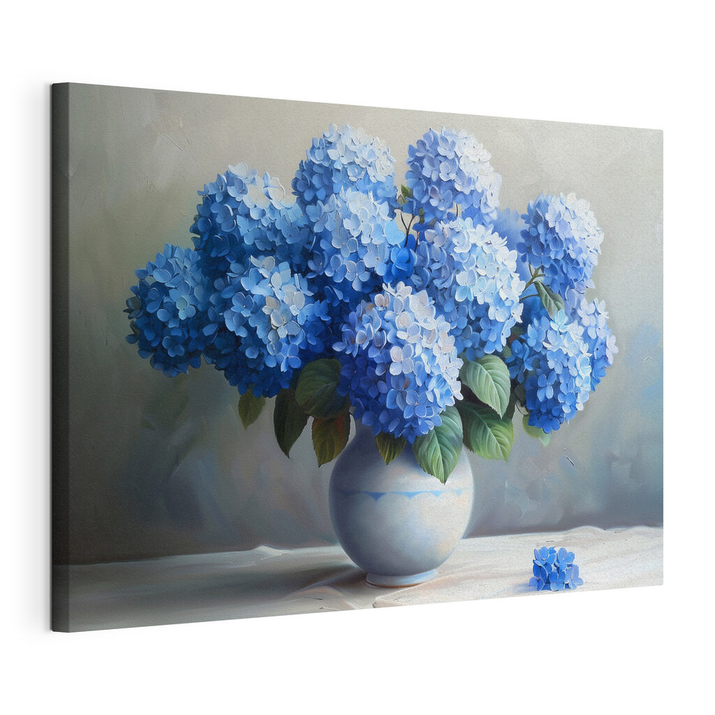 Hortensias au vase blanc, toile tendue et bord enveloppé