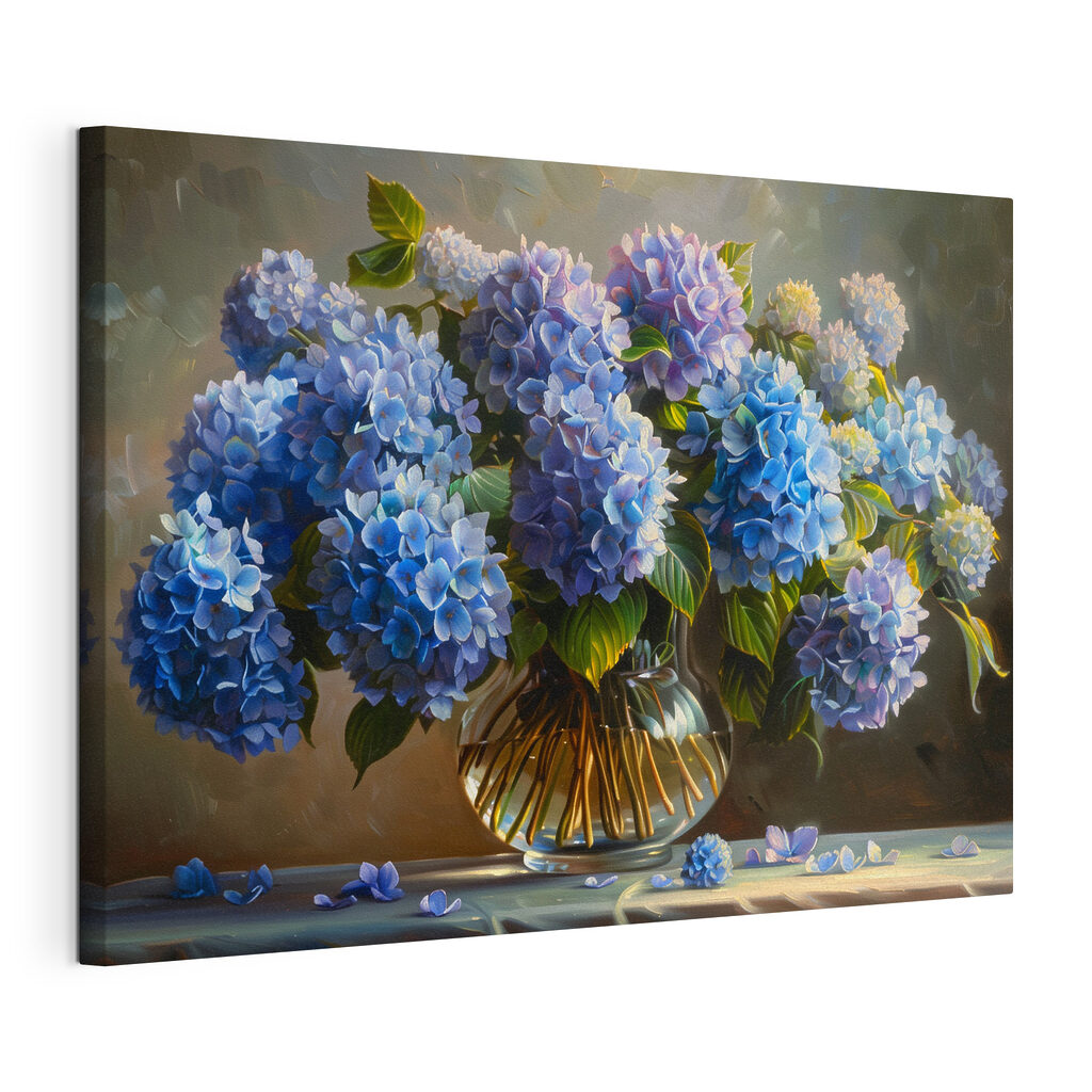 Bouquet de fleurs bleues, toile tendue et bord enveloppé