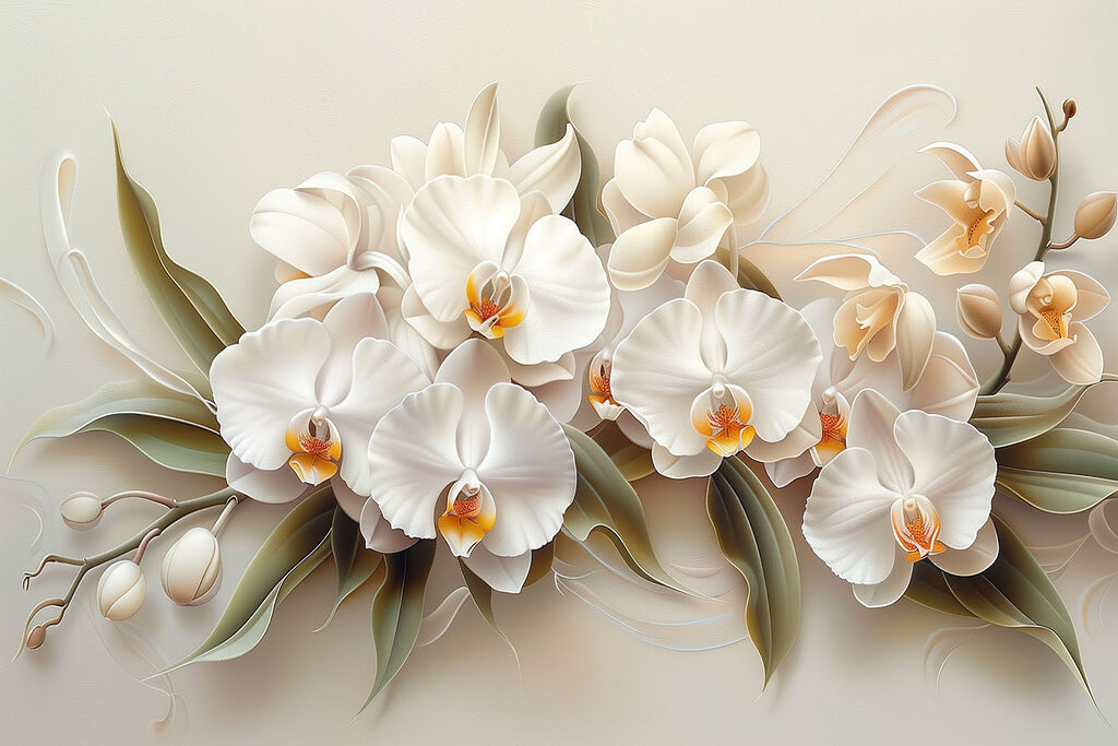 Orchidées blanches en courbes — motif complet