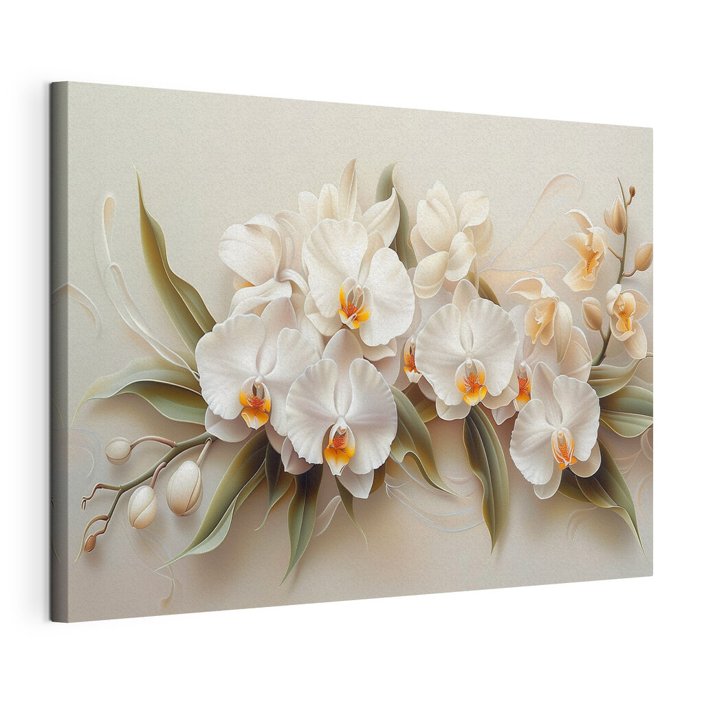 Orchidées blanches en courbes, toile tendue et bord enveloppé