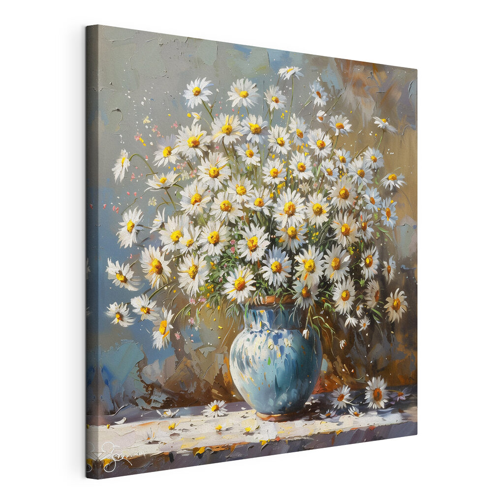 Grand bouquet de pâquerettes, toile tendue et bord enveloppé