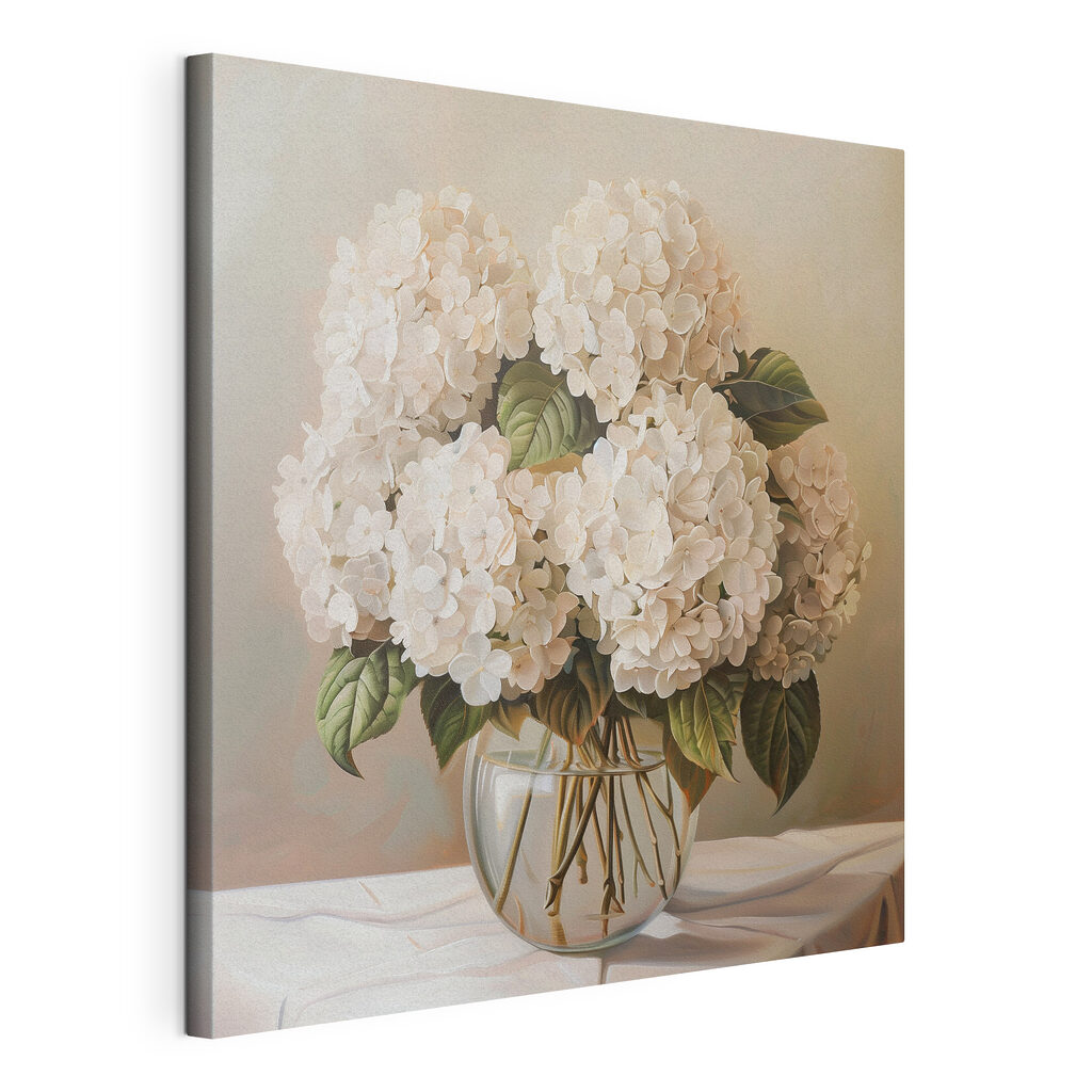 Bouquet de fleurs blanches, toile tendue et bord enveloppé