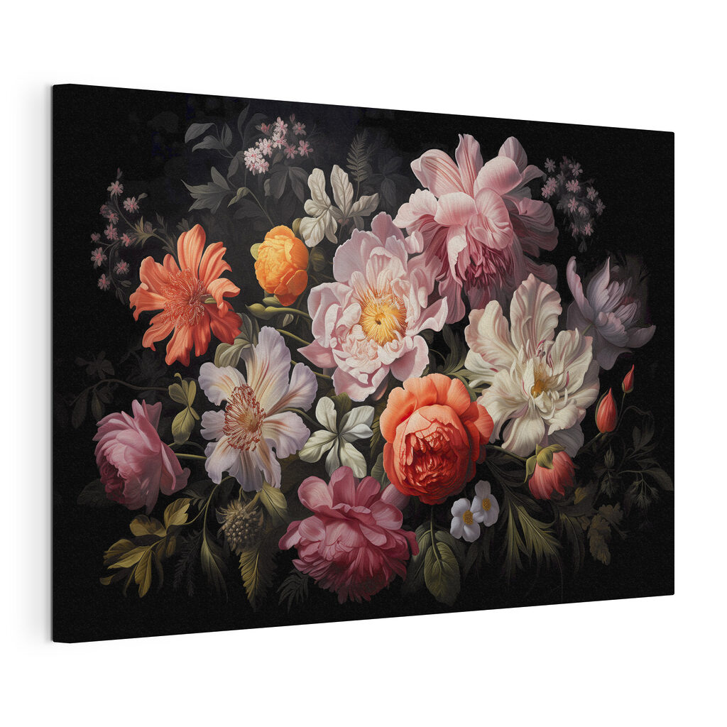 Bouquet sur fond noir, toile tendue et bord enveloppé