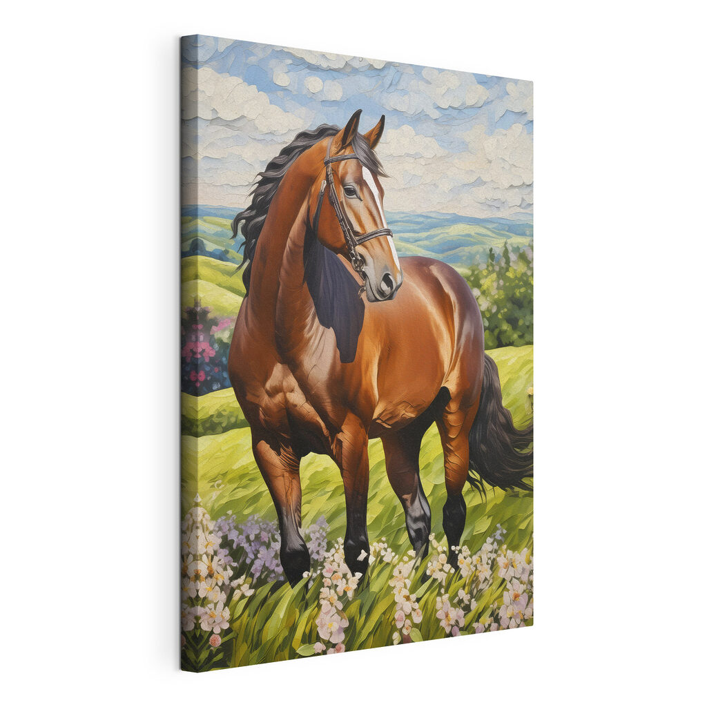 Cheval au pré, toile tendue et bord enveloppé