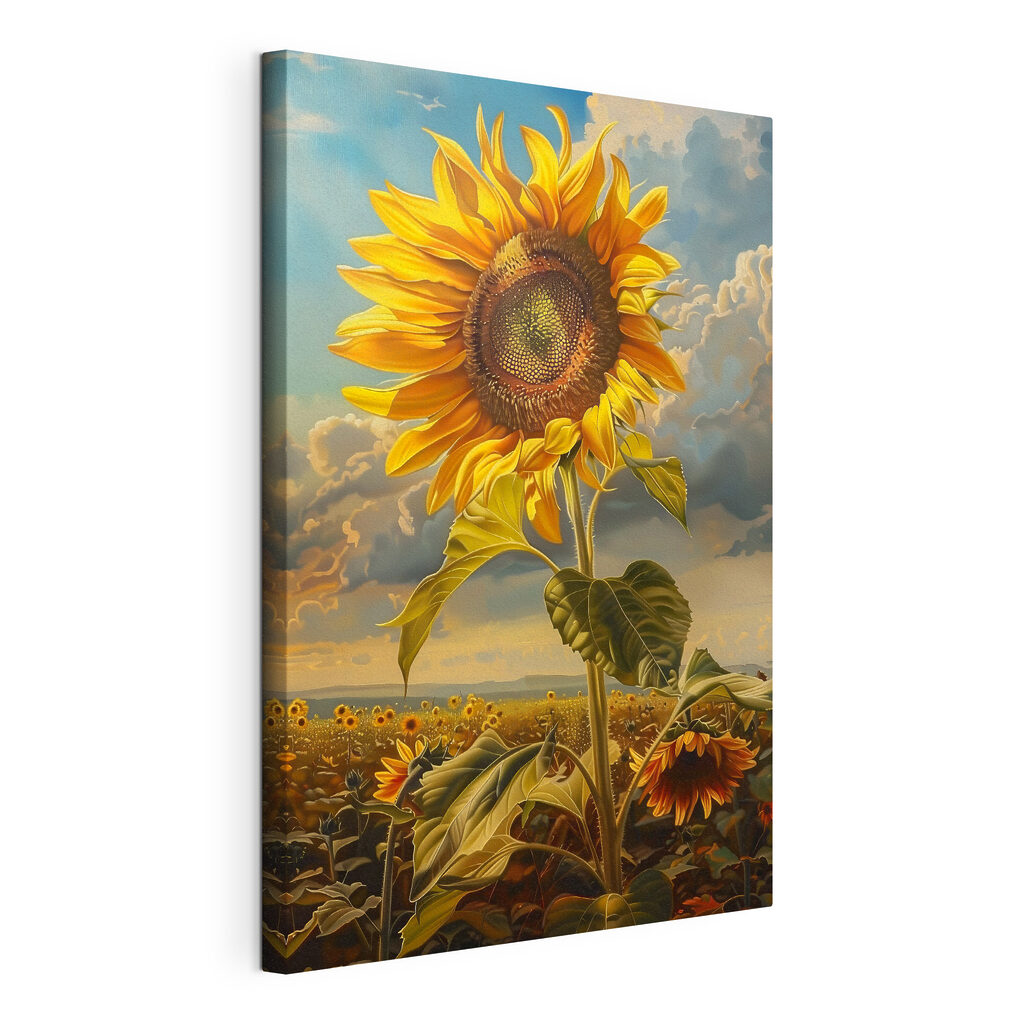 Tournesol dans les champs, toile tendue et bord enveloppé