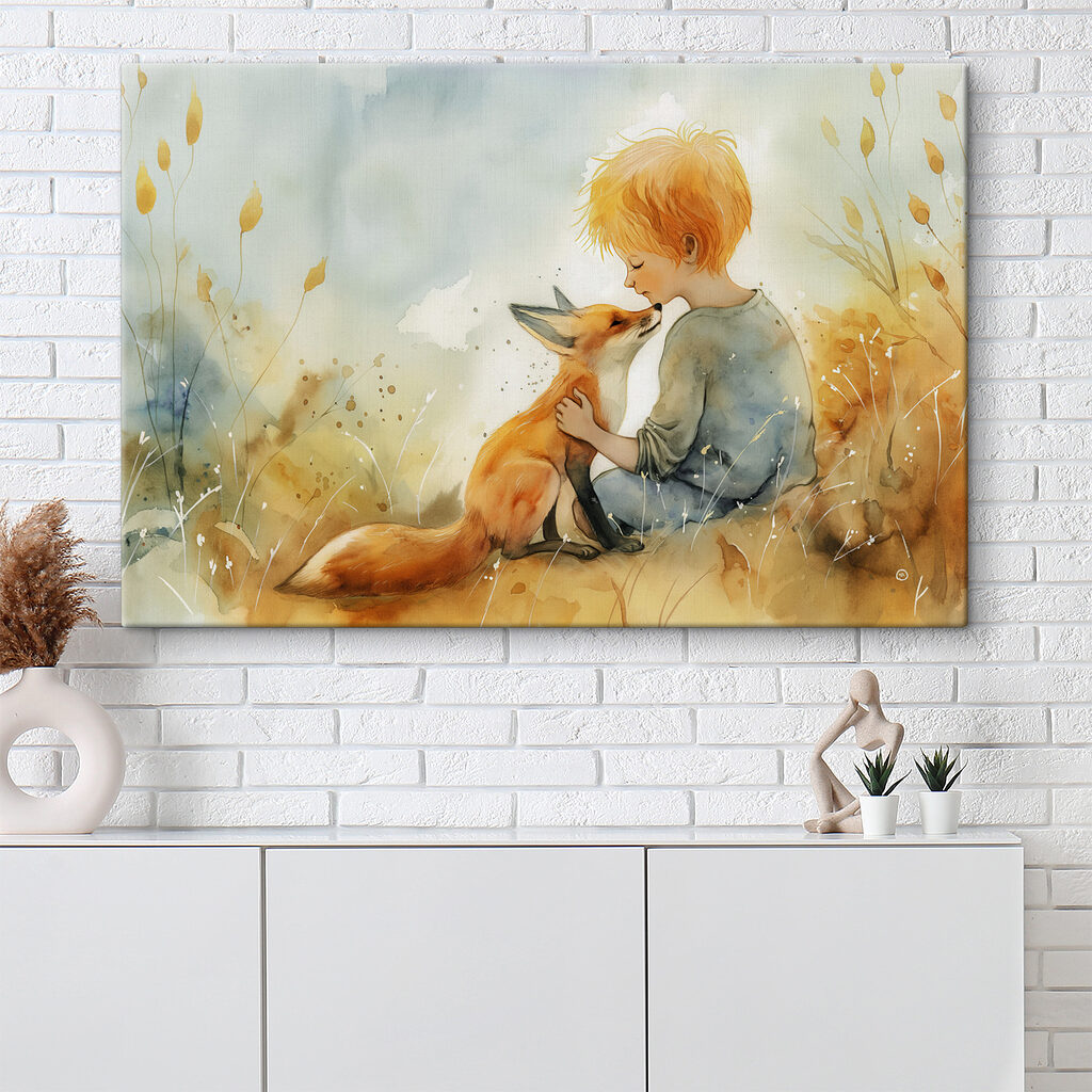 Garçon et petit renard dans un intérieur