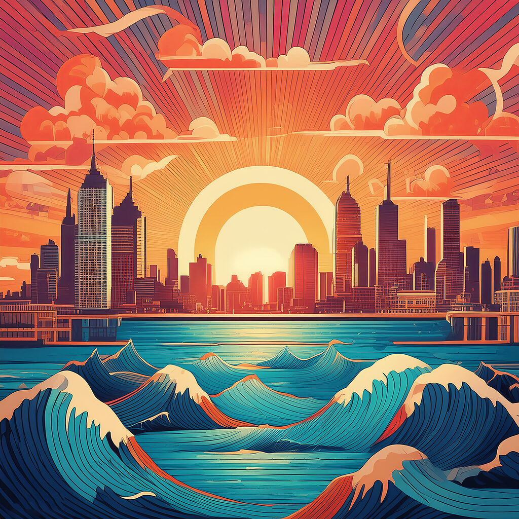 Ville face aux vagues — motif complet