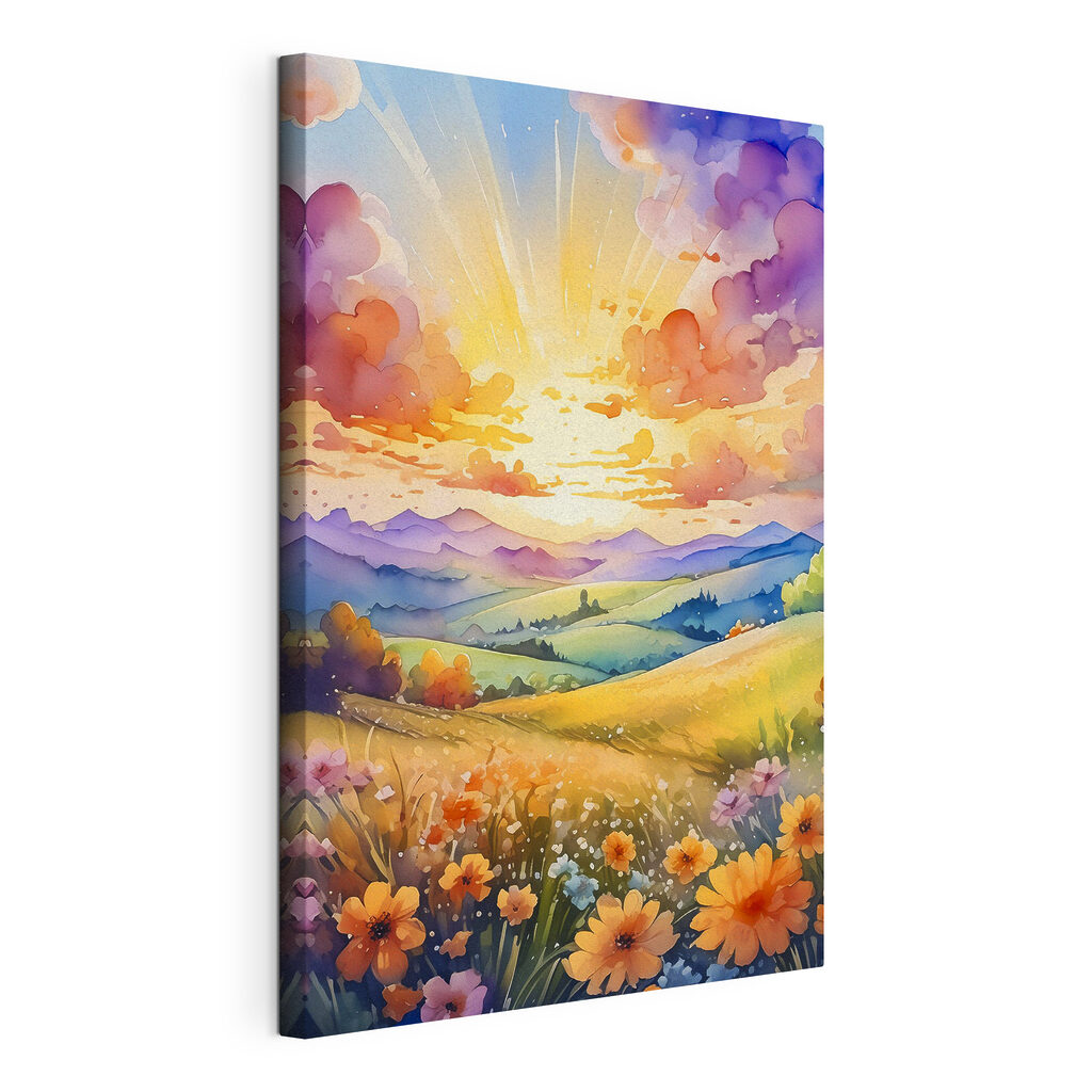 Aube sur les fleurs, toile tendue et bord enveloppé