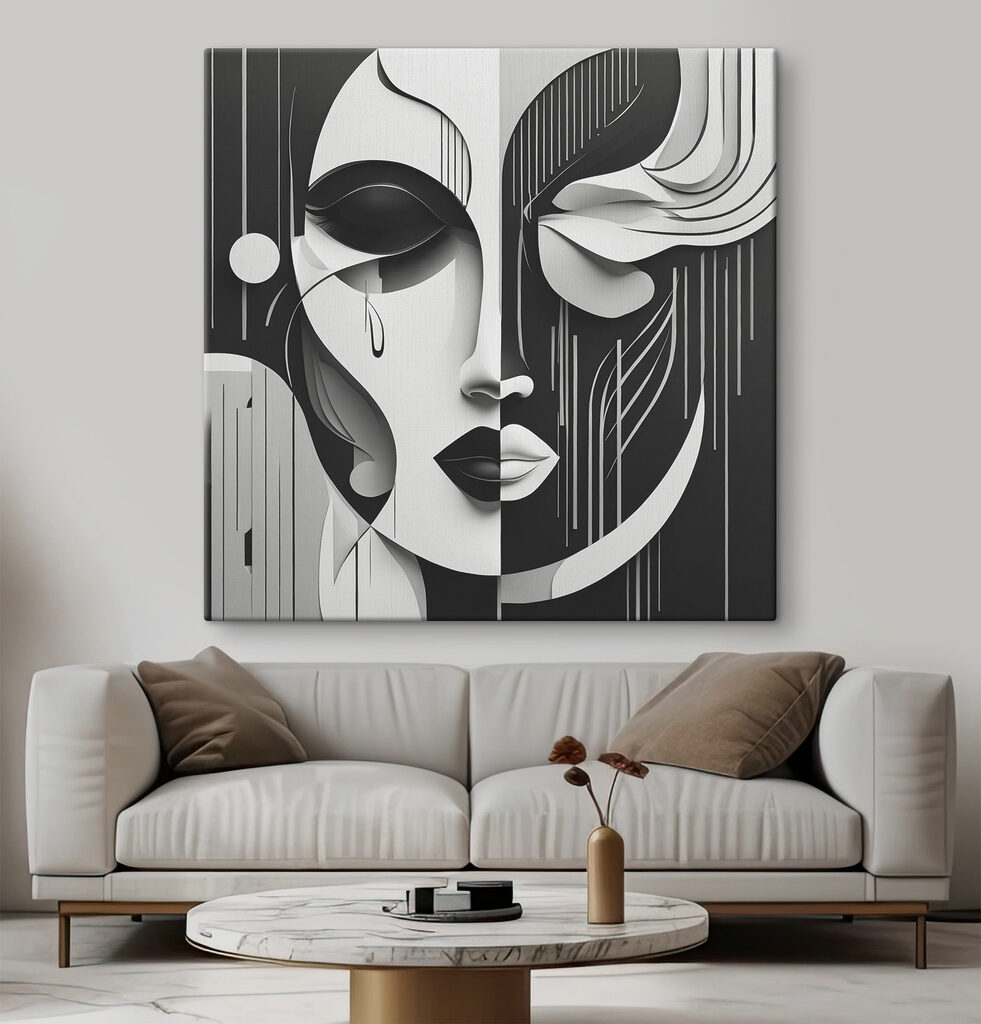Visage en courbes monochromes dans un intérieur