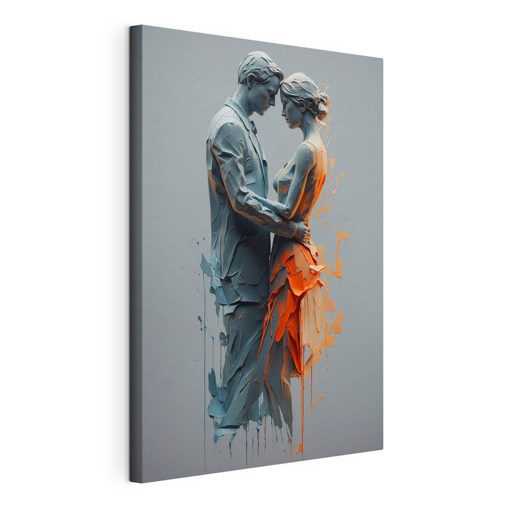 Couple enlacé, toile tendue et bord enveloppé