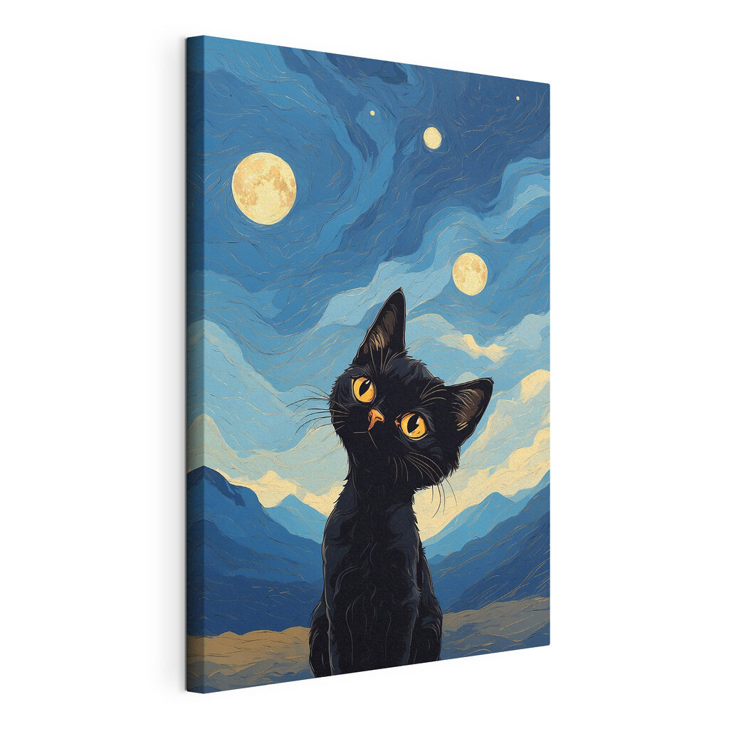 Chaton sous la lune, toile tendue et bord enveloppé