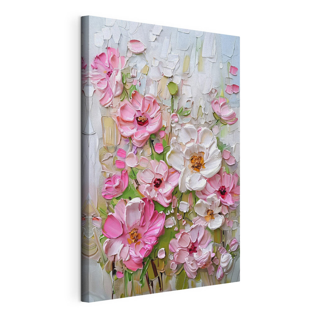 Fleurs sur blanc craquelé, toile tendue et bord enveloppé