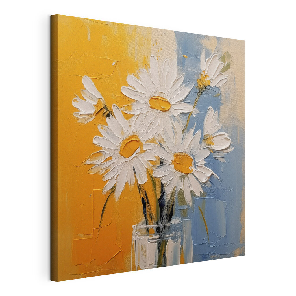 Marguerites sur fond coloré, toile tendue et bord enveloppé