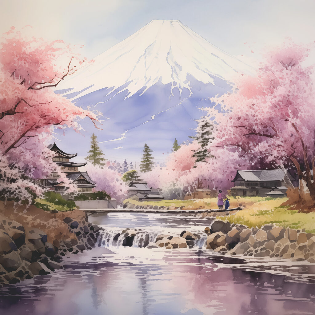 Montagne encadrée de fleurs — motif complet