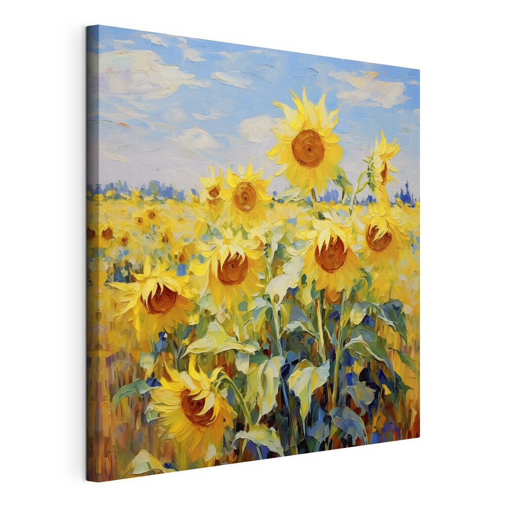 Tournesols et ciel bleu, toile tendue et bord enveloppé