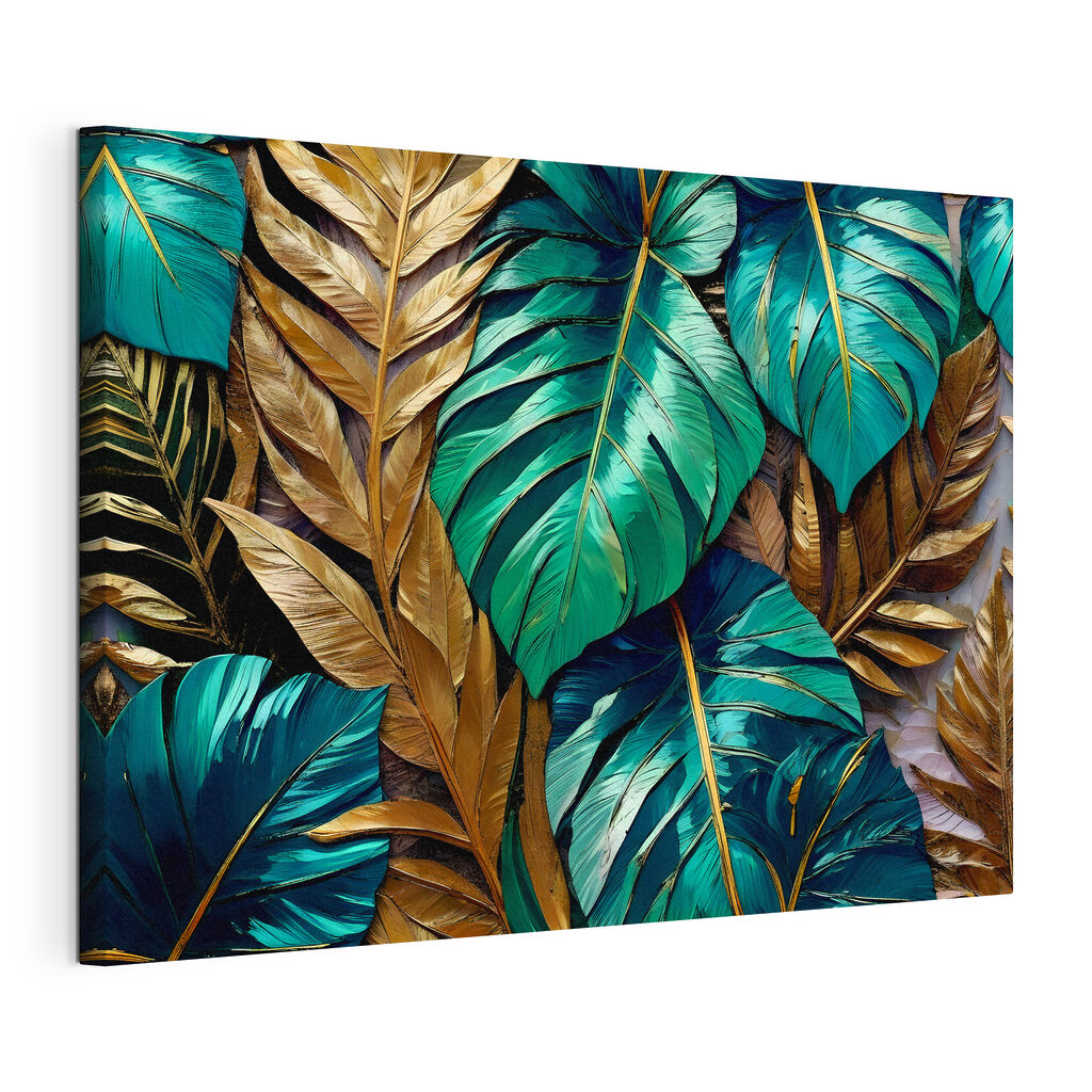 Feuilles tropicales dorées, toile tendue et bord enveloppé