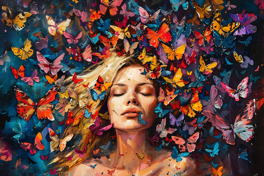 Papillons et yeux clos — motif complet