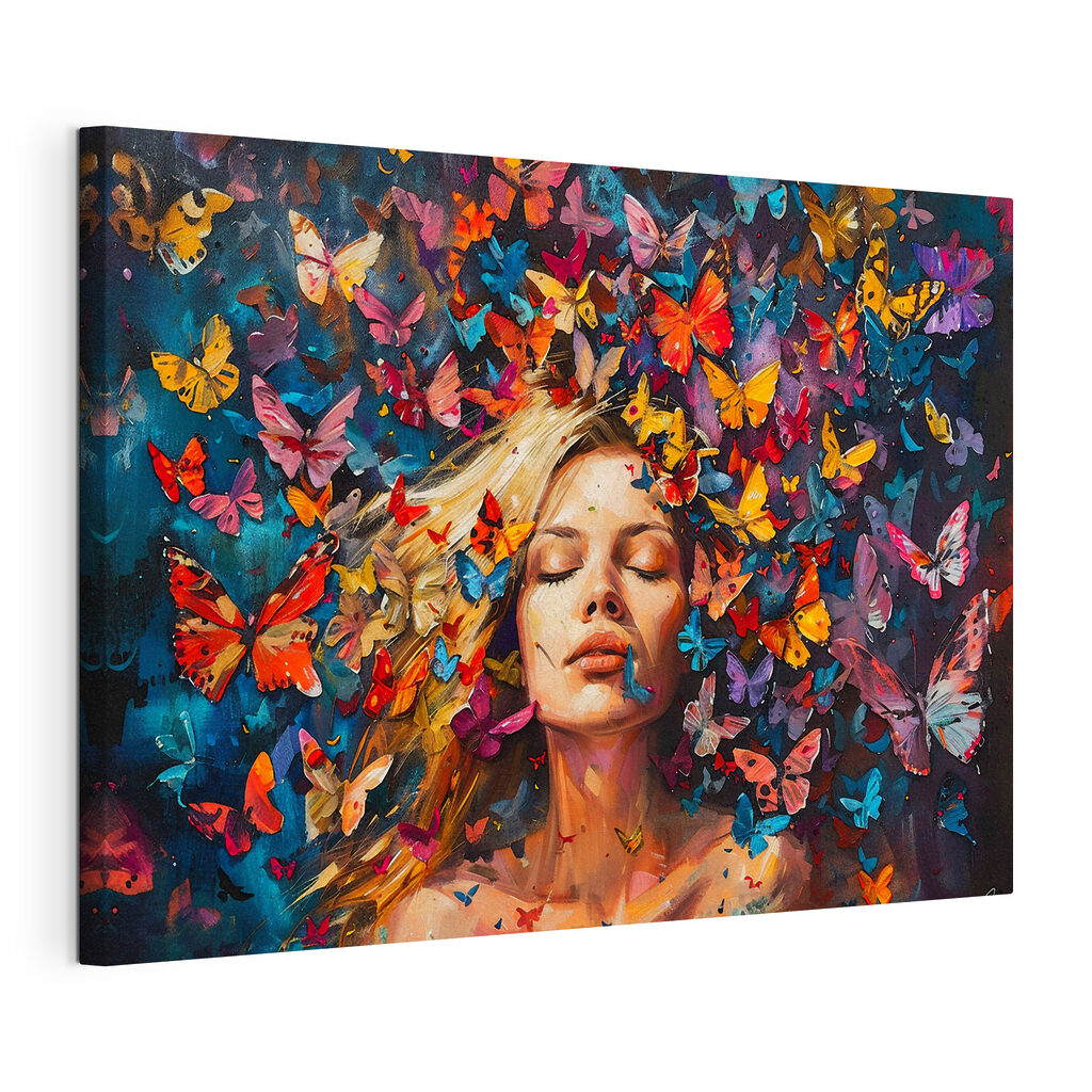 Papillons et yeux clos, toile tendue et bord enveloppé