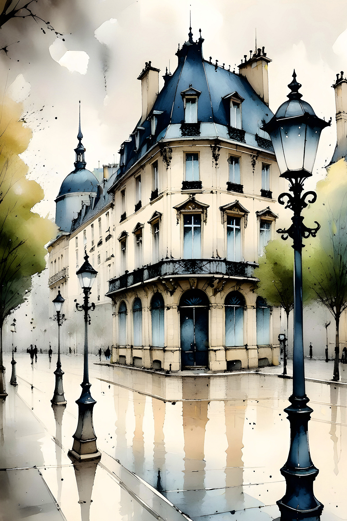 Réverbères et maison d’angle — motif complet
