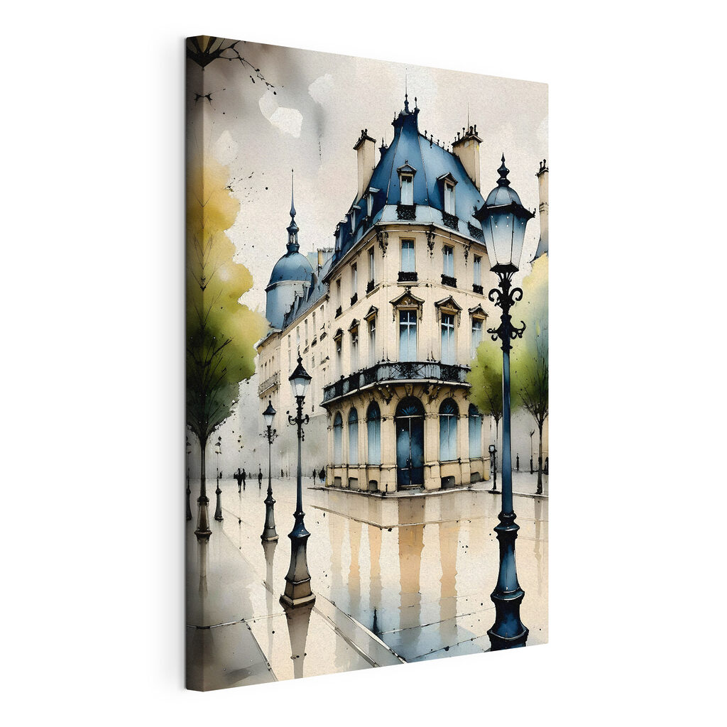 Réverbères et maison d’angle, toile tendue et bord enveloppé