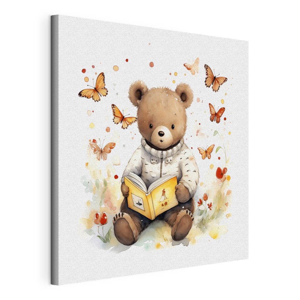 Ourson lecteur, toile tendue et bord enveloppé