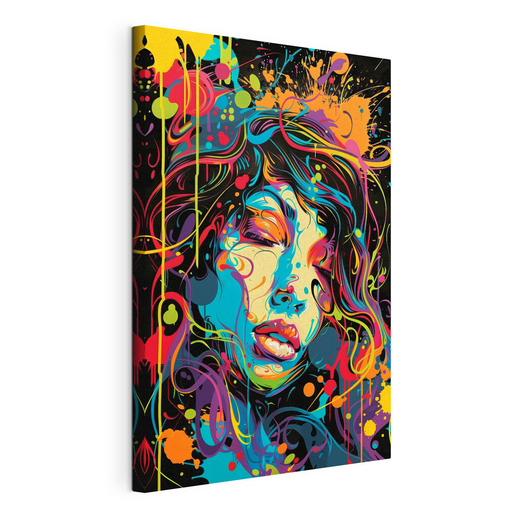 Visage aux fils colorés, toile tendue et bord enveloppé