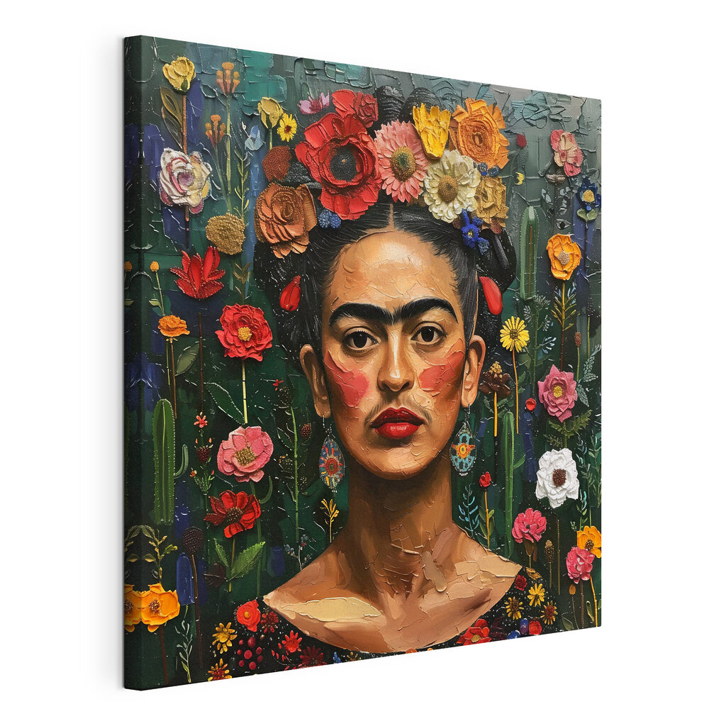 Frida au jardin fleuri, toile tendue et bord enveloppé