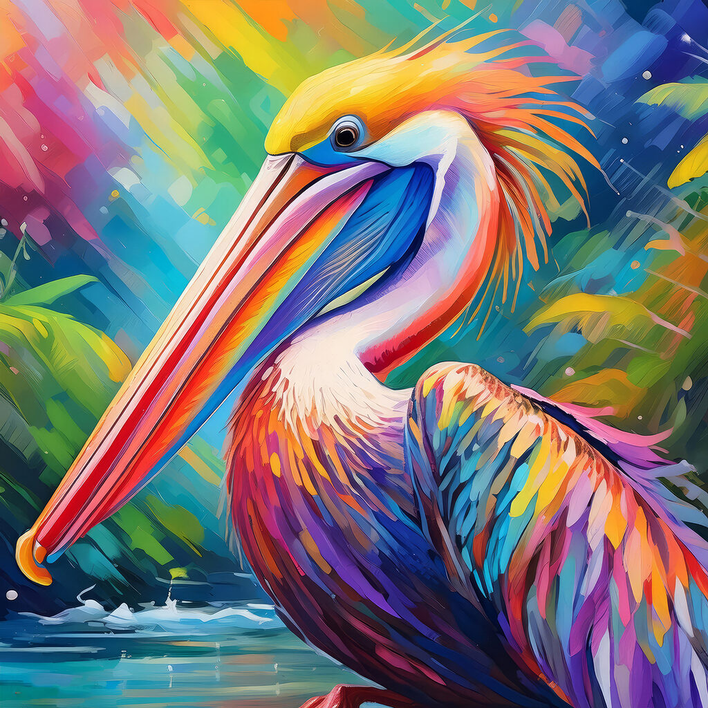 Pélican en couleurs vives — motif complet