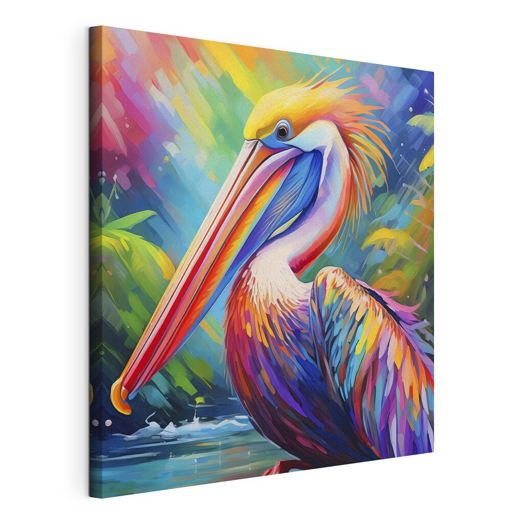 Pélican en couleurs vives, toile tendue et bord enveloppé