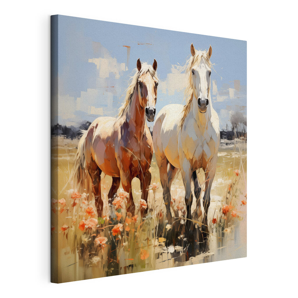 Chevaux dans les fleurs, toile tendue et bord enveloppé