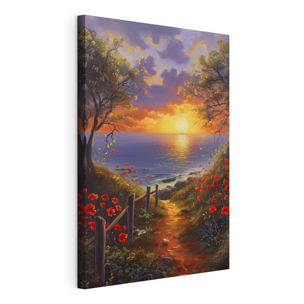 Sentier fleuri au couchant, toile tendue et bord enveloppé
