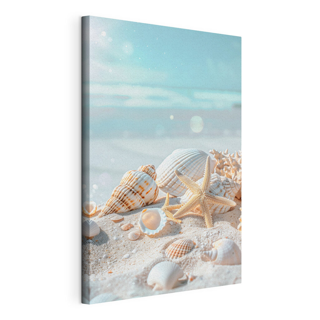 Coquillages et mer claire, toile tendue et bord enveloppé