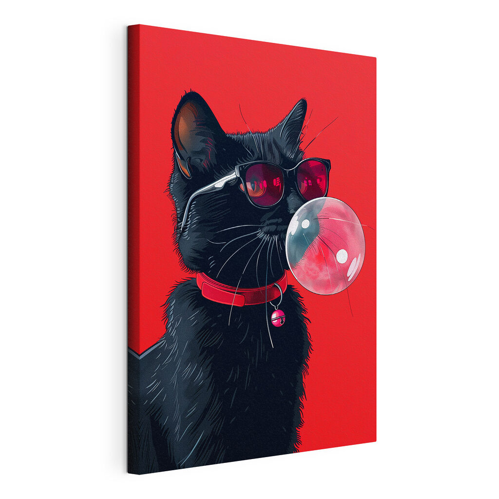 Chat noir, chewing-gum rose, toile tendue et bord enveloppé