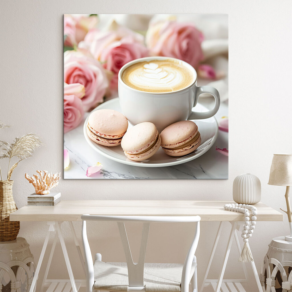Cappuccino et macarons dans un intérieur