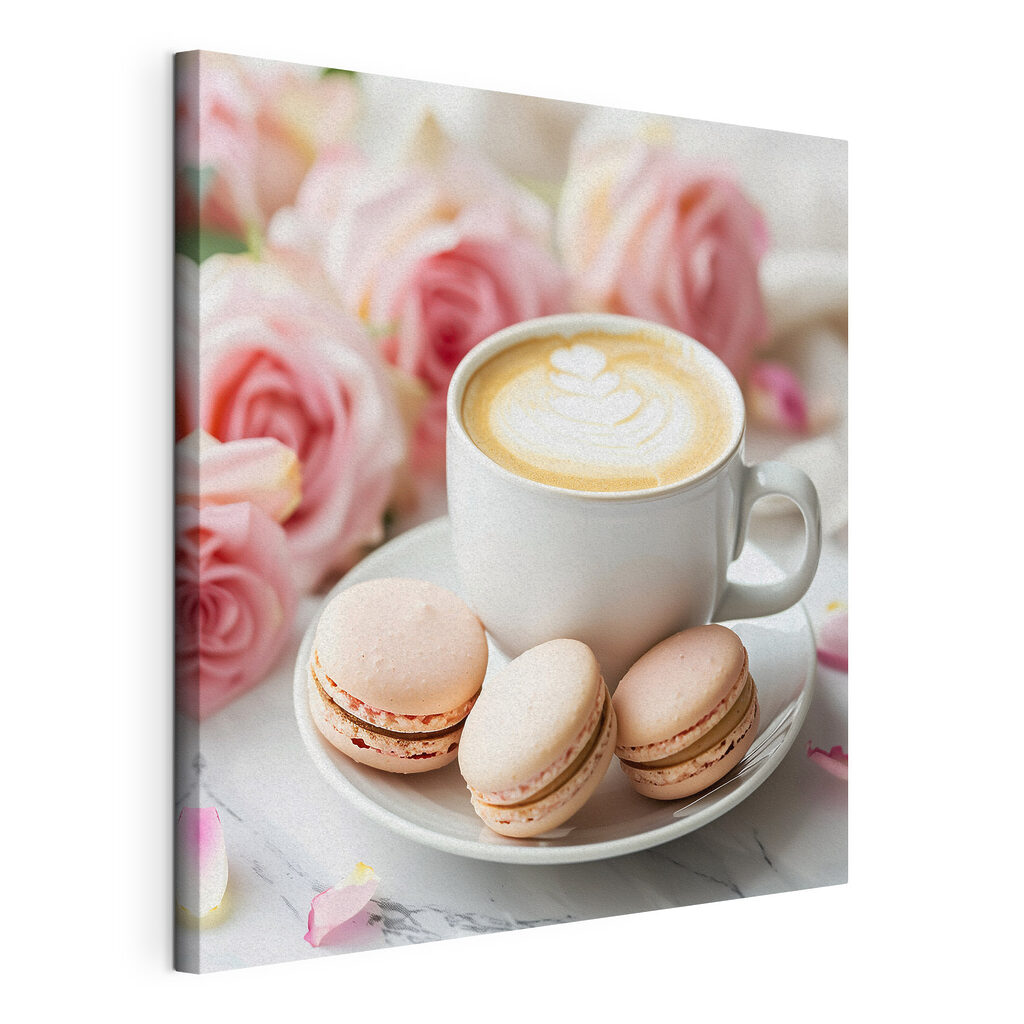 Cappuccino et macarons, toile tendue et bord enveloppé